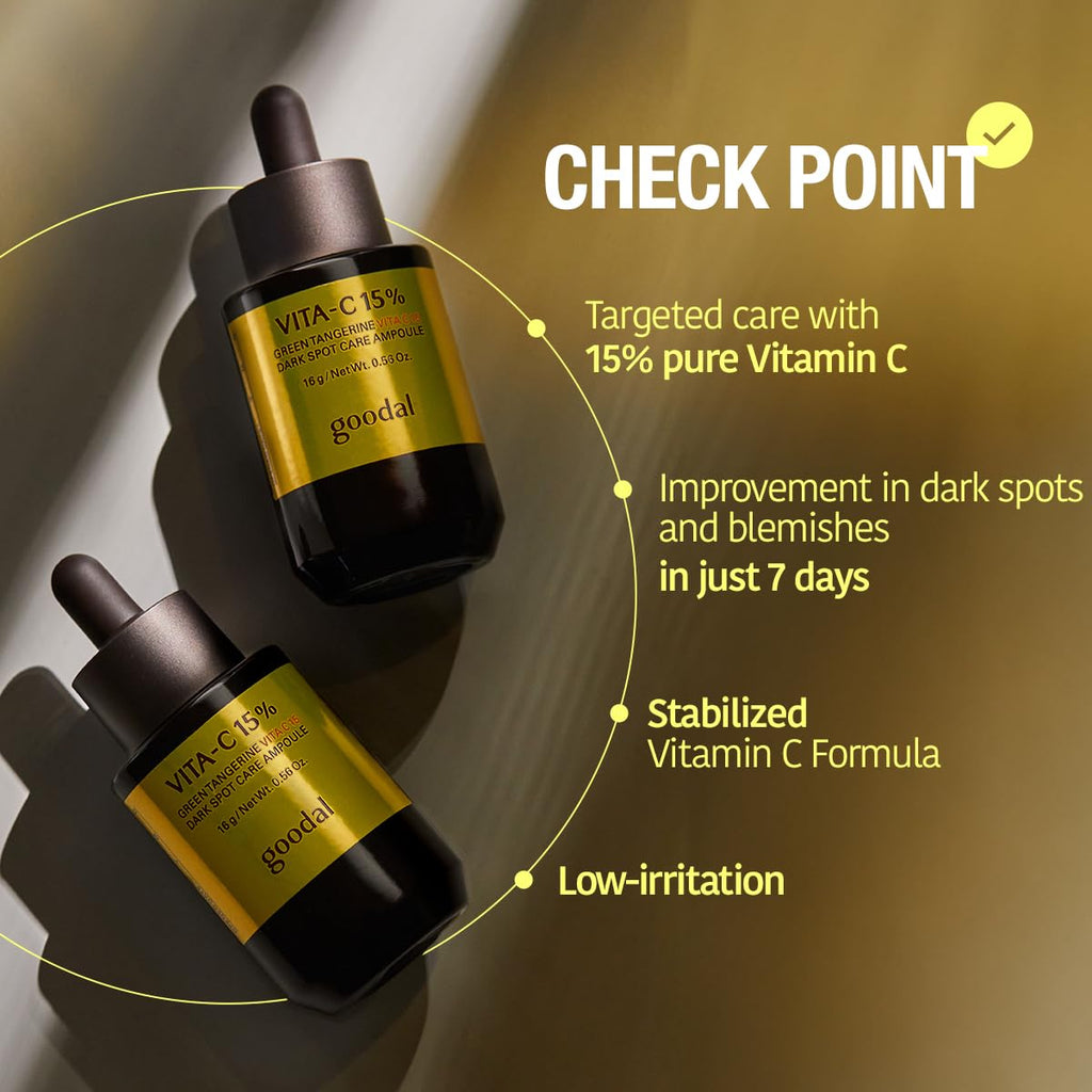 two bottles of Goodal Green Tangerine Vita C 15 Dark Spot Care Ampoule