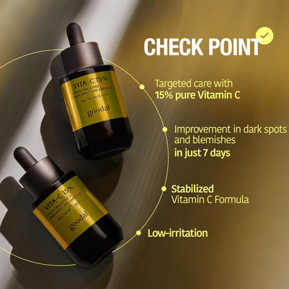 two bottles of Goodal Green Tangerine Vita C 15 Dark Spot Care Ampoule