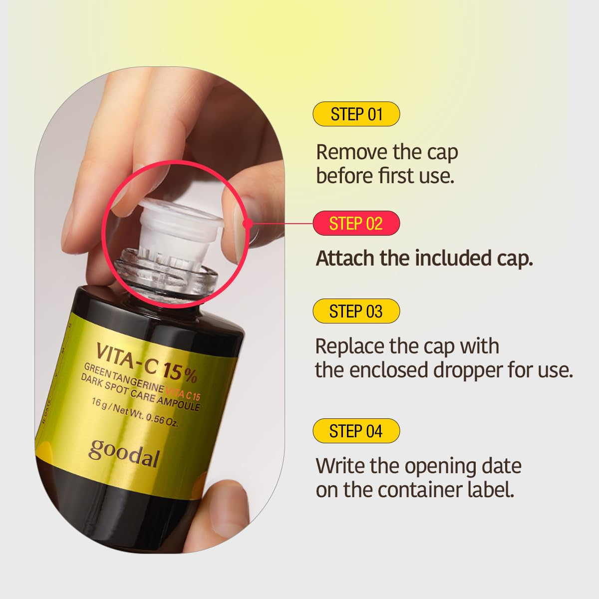 hand holding Goodal Green Tangerine Vita C 15 Dark Spot Care Ampoule