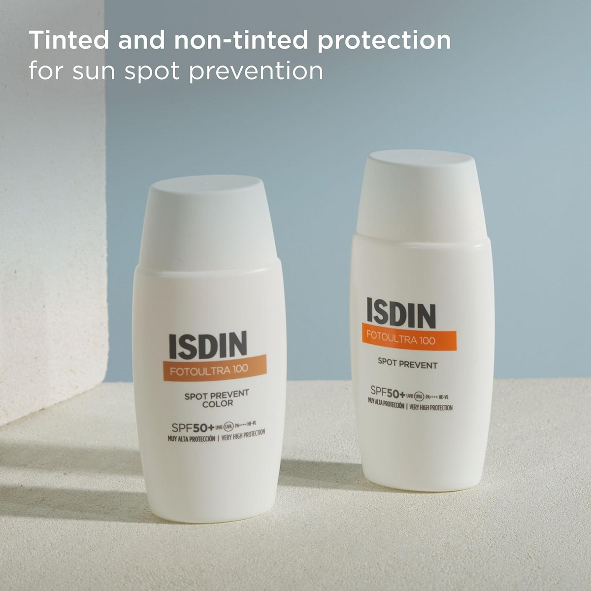 two bottles of ISDIN Fotoultra 100 Spot Prevent SPF 50+ 50mL