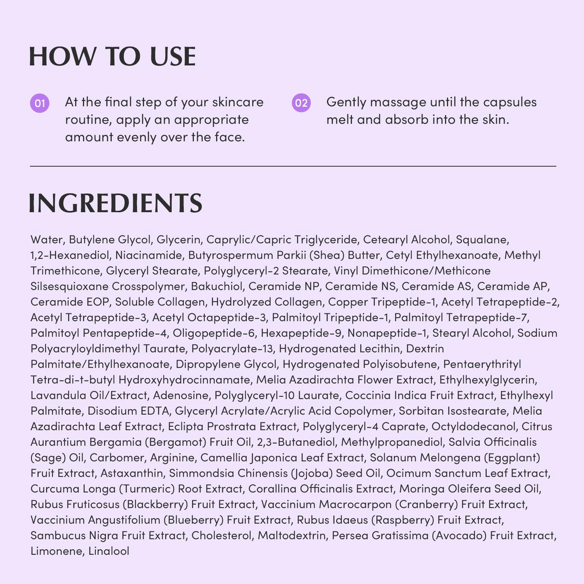 instructions to use and ingredients list of EQQUALBERRY Bakuchiol Capsule Cream