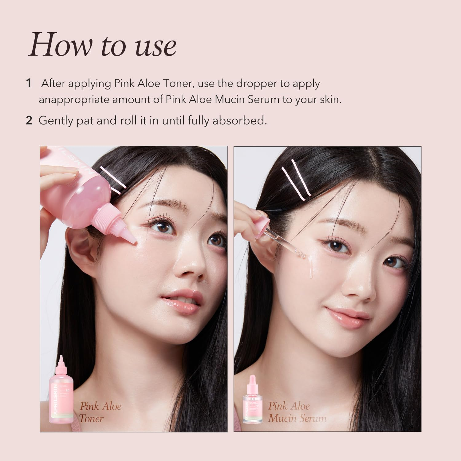 woman applying APRILSKIN Pink Aloe Mucin Serum on her face
