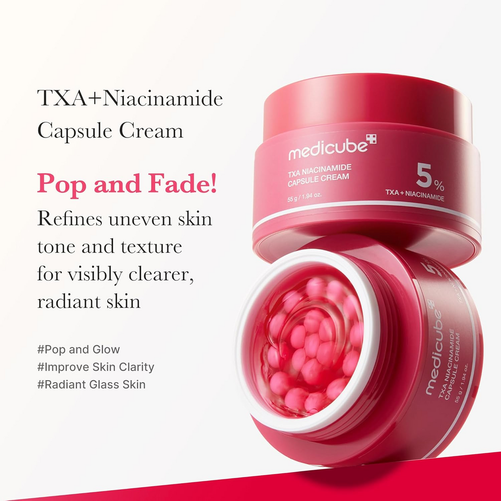 two jars of Medicube TXA + Niacinamide 5% Capsule Cream placed on top of each other