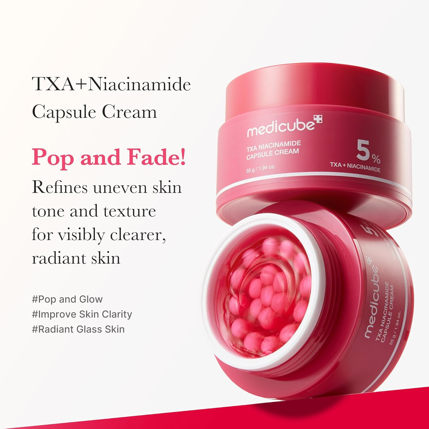 two jars of Medicube TXA + Niacinamide 5% Capsule Cream placed on top of each other