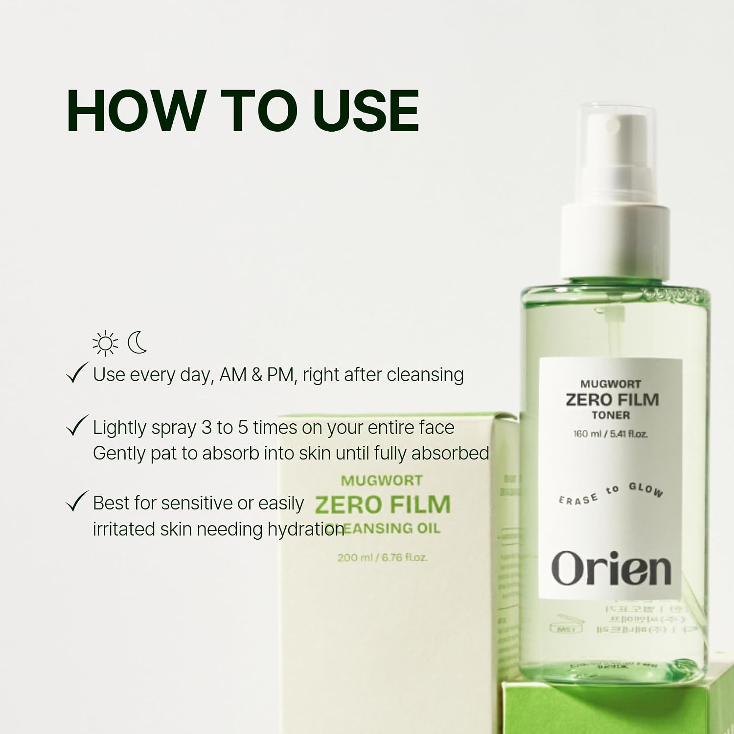 Orien Mugwort Zero Film Toner 160ml lightweight Korean facial toner for refreshing hydration and comfortable skin preparation in UAE.