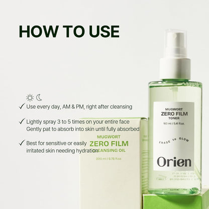 Orien Mugwort Zero Film Toner 160ml lightweight Korean facial toner for refreshing hydration and comfortable skin preparation in UAE.