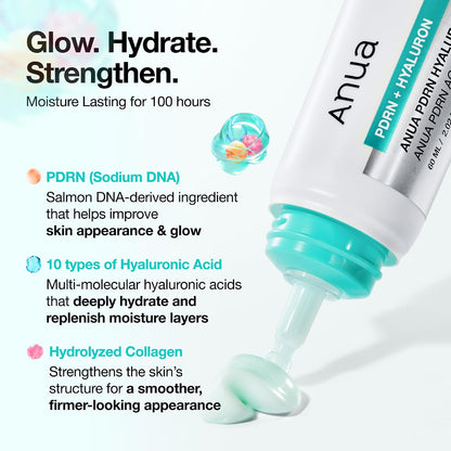 Anua PDRN Hyaluronic Acid 100 Moisturizing Cream 60ml Korean face moisturizer with salmon PDRN, collagen, squalane and multiple hyaluronic acids for deep hydration, plumping and radiant skin in UAE.