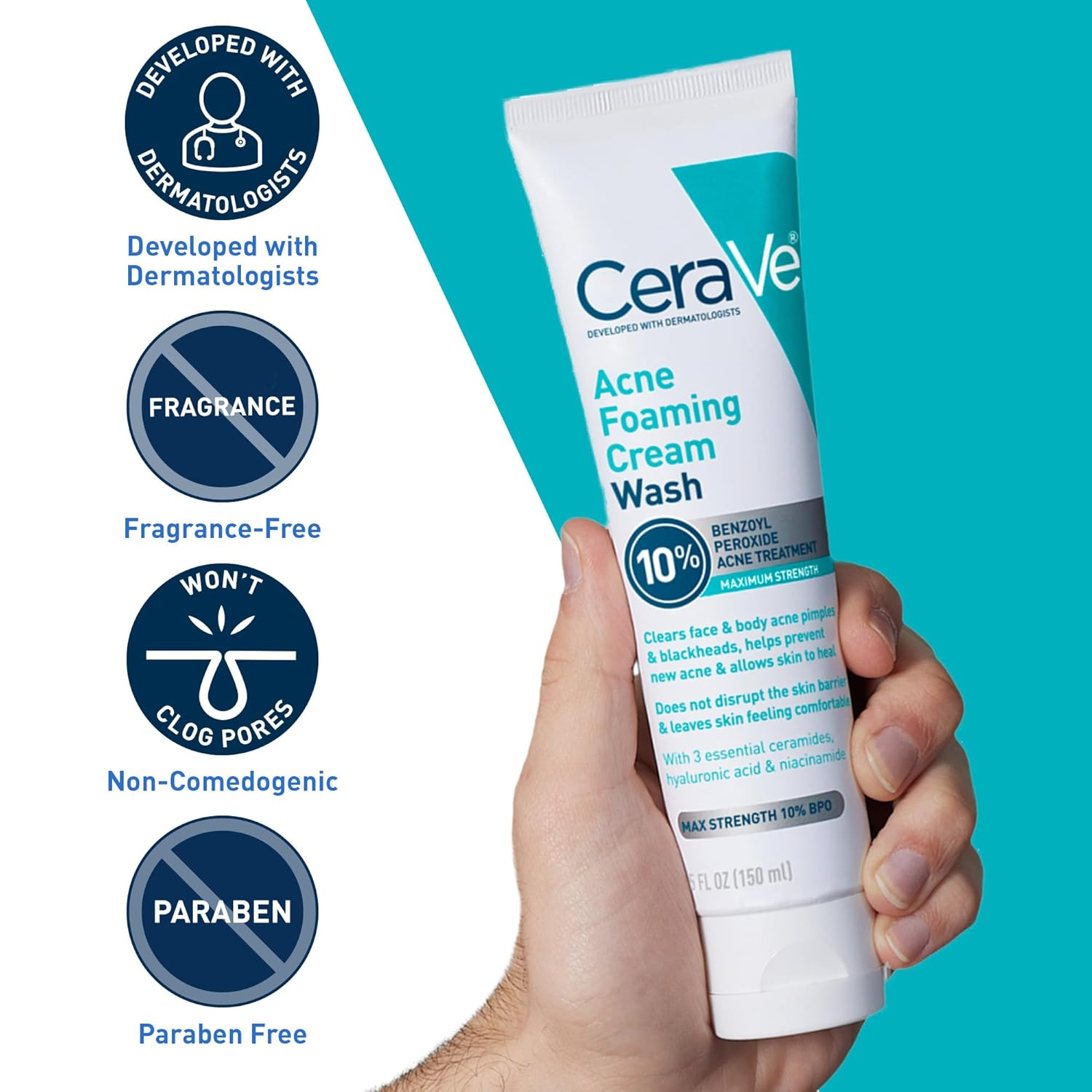 a hand holding CeraVe Acne Foaming Cream Wash 150mL tube