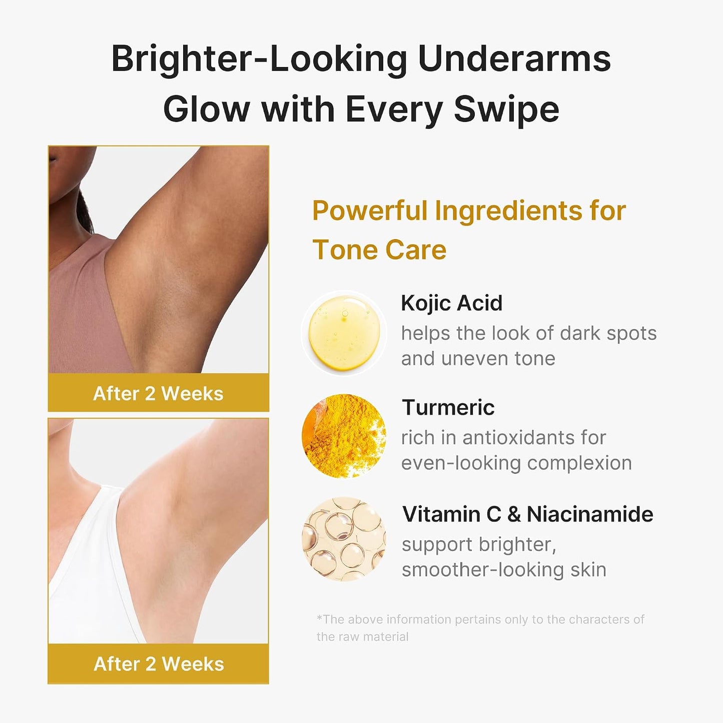 Medicube tone care product showing before-and-after underarm photos labeled 'After 2 Weeks,' with text about ingredients including Kojic Acid, Turmeric, and Vitamin C & Niacinamide.