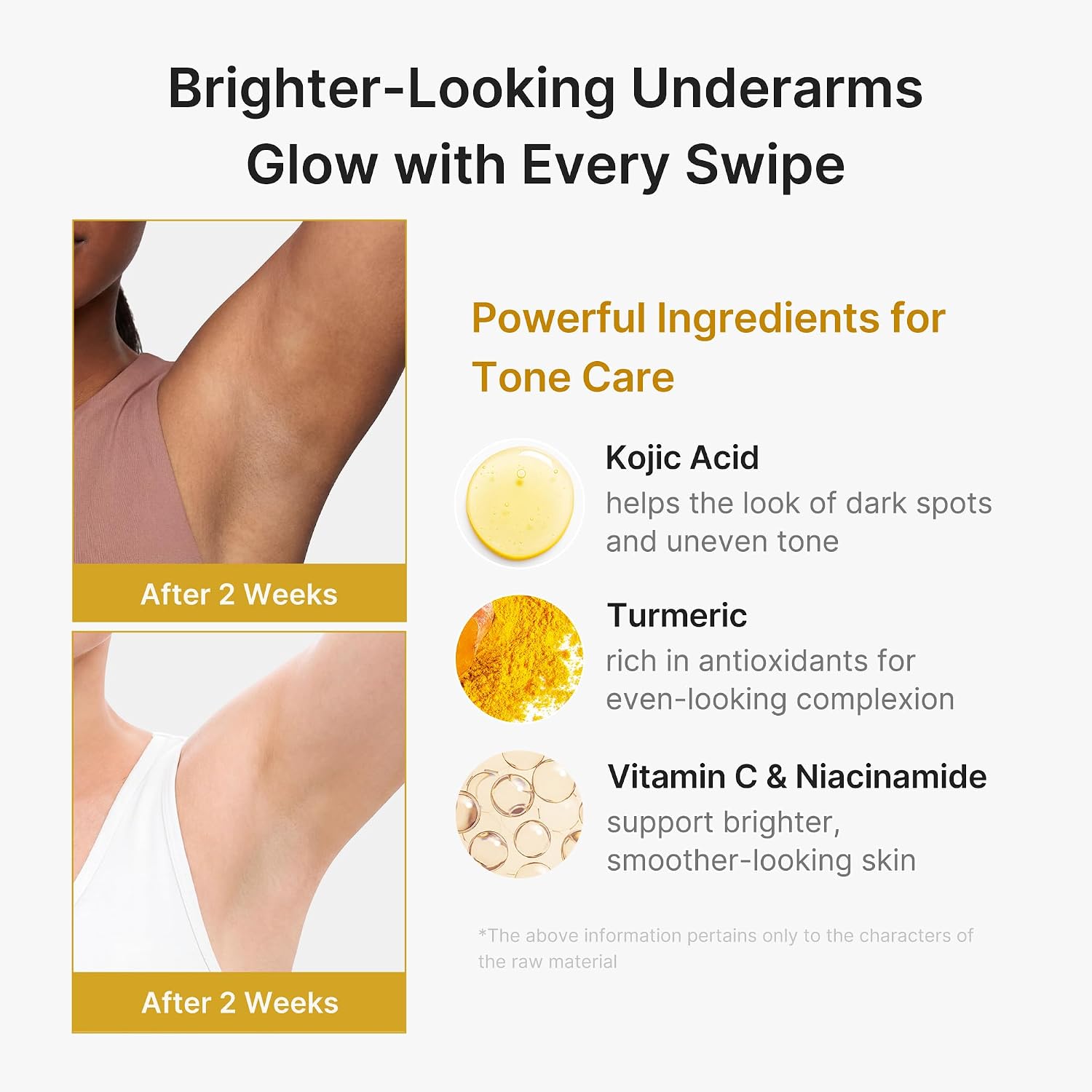 Medicube tone care product showing before-and-after underarm photos labeled 'After 2 Weeks,' with text about ingredients including Kojic Acid, Turmeric, and Vitamin C & Niacinamide.