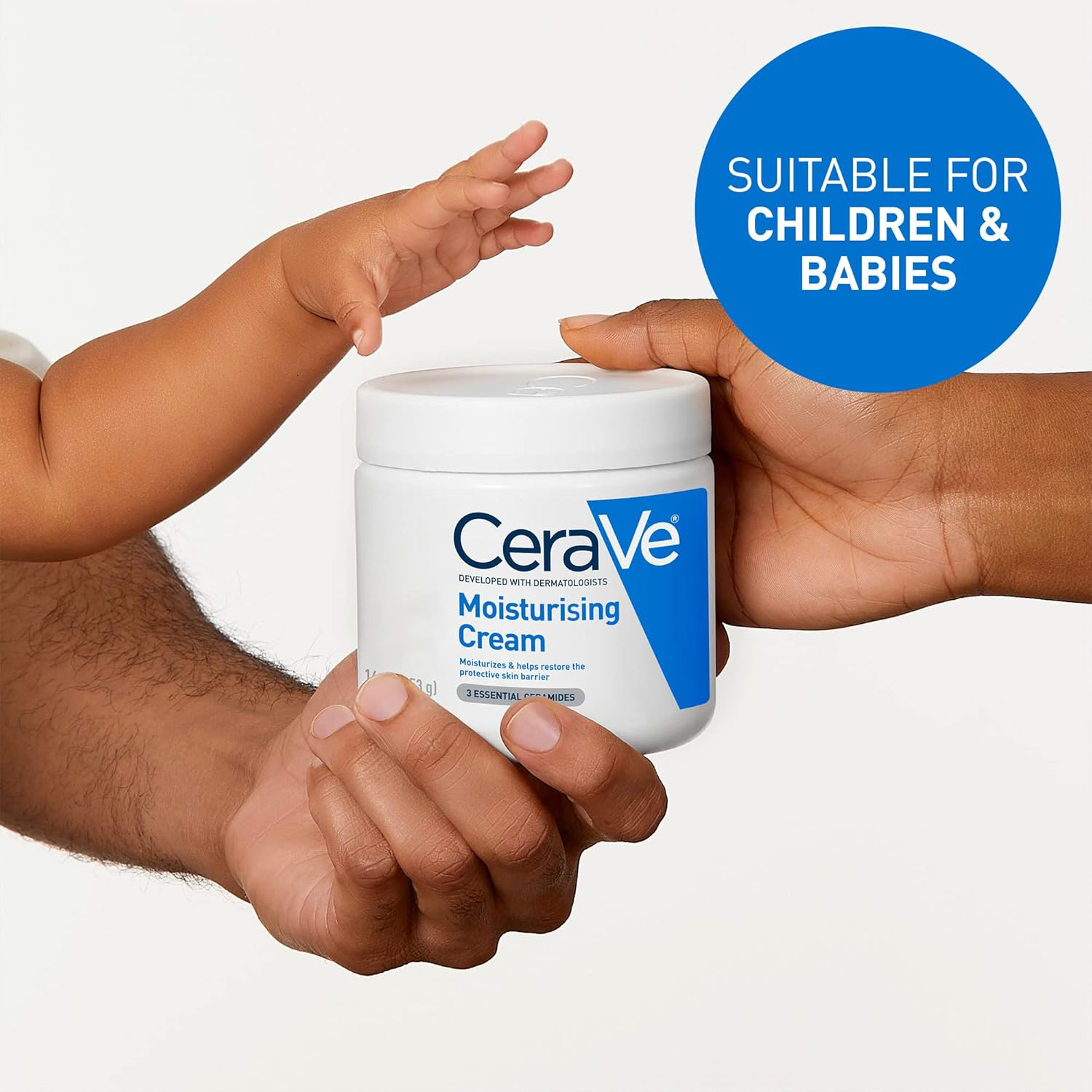CeraVe Moisturising Cream jar being held by two adult hands with a child's hand reaching out