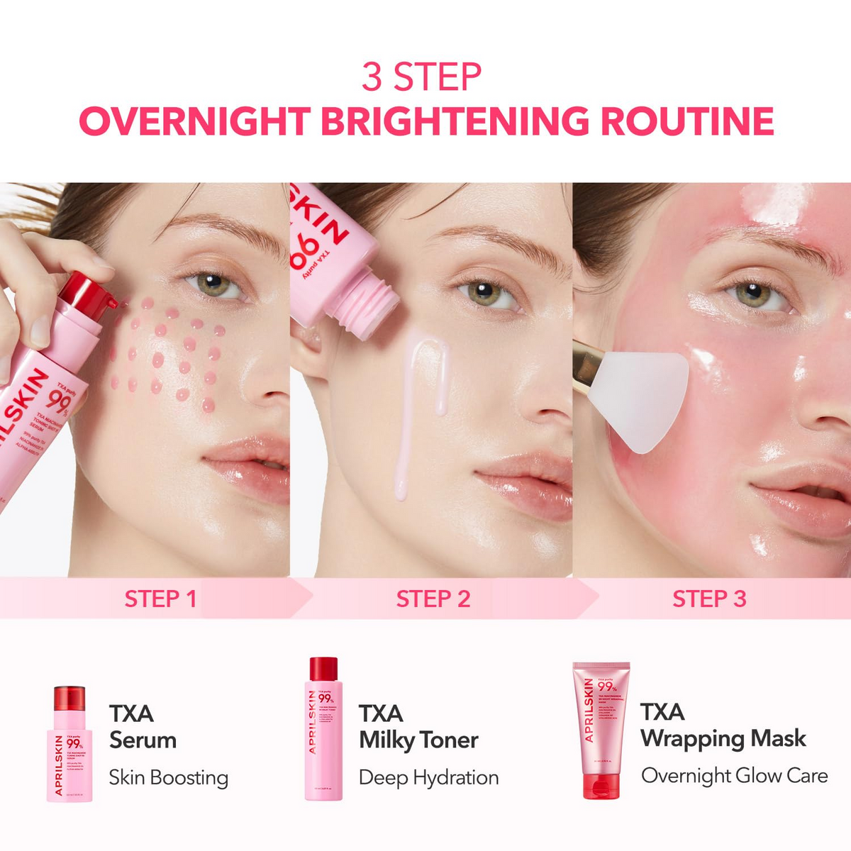 Woman applying APRILSKIN TXA serum, toner and wrapping mask products on her face.