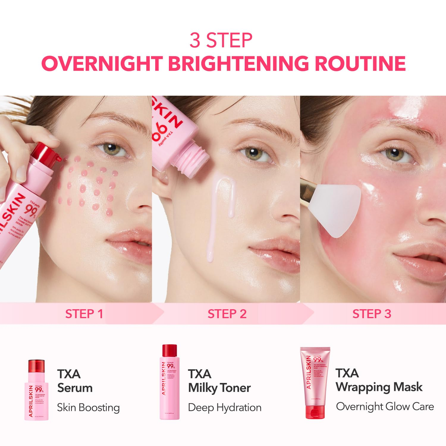 Woman applying APRILSKIN TXA serum, toner and wrapping mask products on her face.