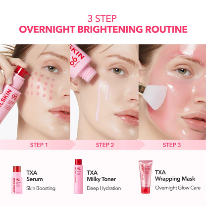 Woman applying APRILSKIN TXA serum, toner and wrapping mask products on her face.