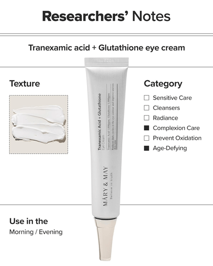 Mary&May Tranexamic Acid + Glutathione Eye Cream 30mL tube with a swatch of the product