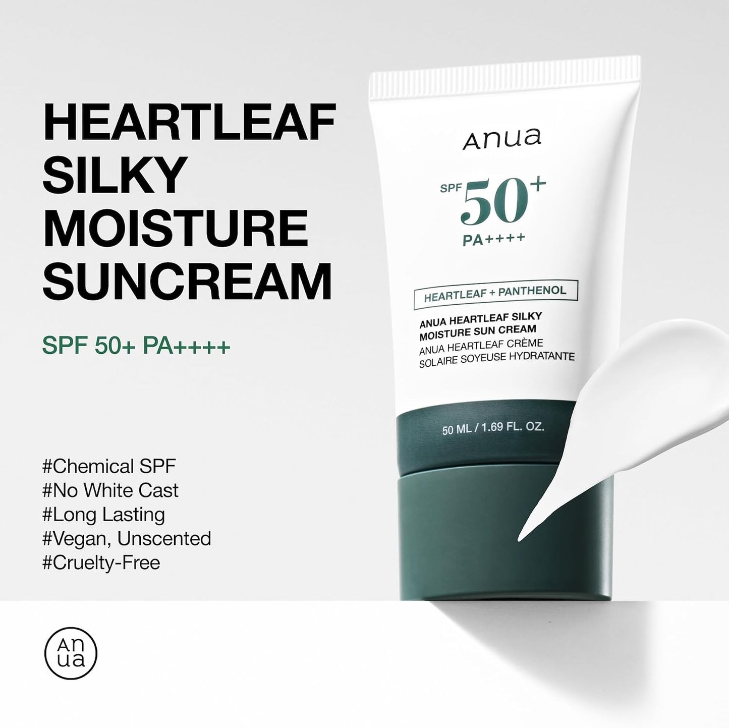 Anua Heartleaf Silky Moisture Sun Cream SPF50+ PA++++ 50ml Korean hydrating sunscreen with Heartleaf and Panthenol for daily UV protection and a smooth finish in UAE.