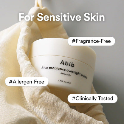 Abib Rice Probiotics Overnight Mask Barrier Jelly 80ml Korean sleeping mask with rice bran ferment, probiotics and hyaluronic acid for overnight hydration, soothing and skin barrier care in UAE.