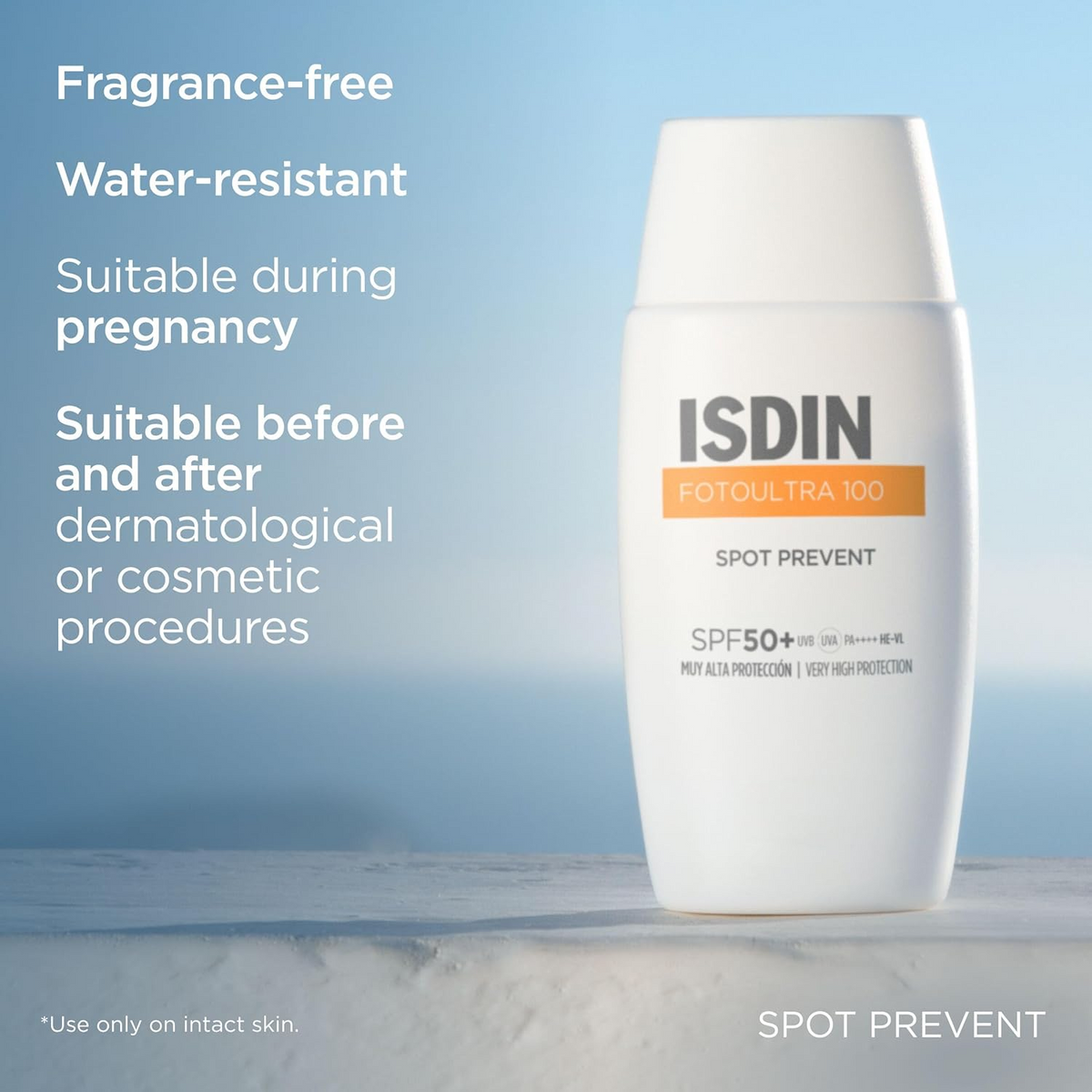 ISDIN Fotoultra 100 Spot Prevent SPF 50+ product with features listed