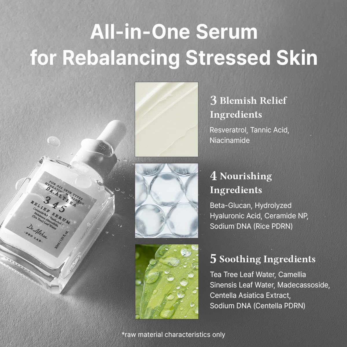 Dr. Althea 345 Relief Serum 30ml Korean calming serum with PDRN, Ceramide NP, Panthenol, Tea Tree Leaf Water and Niacinamide for sensitive, dehydrated and blemish-prone skin in UAE.