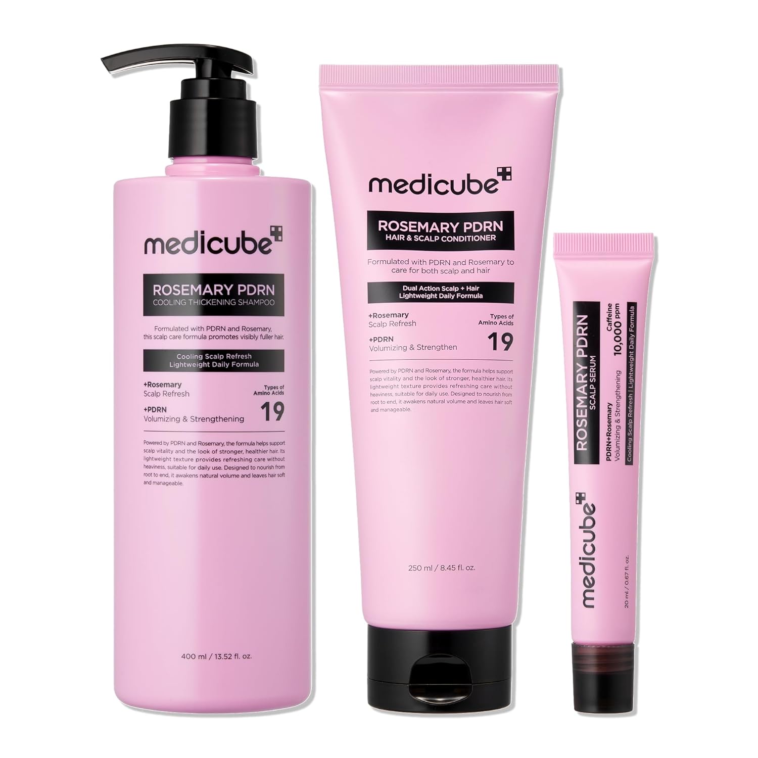 medicube rosemary pdrn shampoo, serum and conditioners pink bottle with black cap.