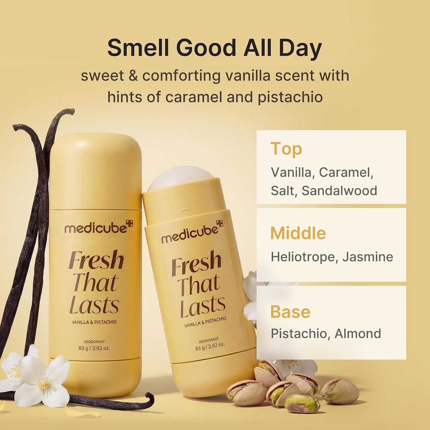 Two medicube 'Fresh That Lasts' products with vanilla beans and flowers.