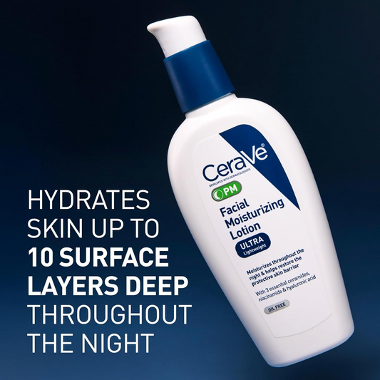 CeraVe PM Facial Moisturizing Lotion 89ml bottle with blue background