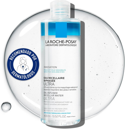 LA ROCHE-POSAY Oil Infused Micellar Water Ultra 400mL with product in the background
