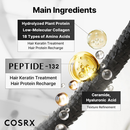close-up of a single hair strand with 'main ingredients' labeled at the top