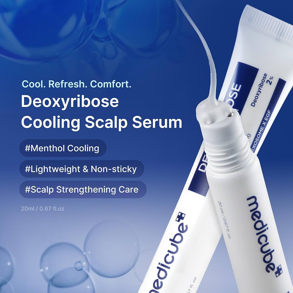 Medicube Deoxyribose Scalp Serum 20ml with 2% Deoxyribose, Biotin, EGF-associated peptides and Caffeine for fuller-looking hair, root volume and scalp care in UAE.