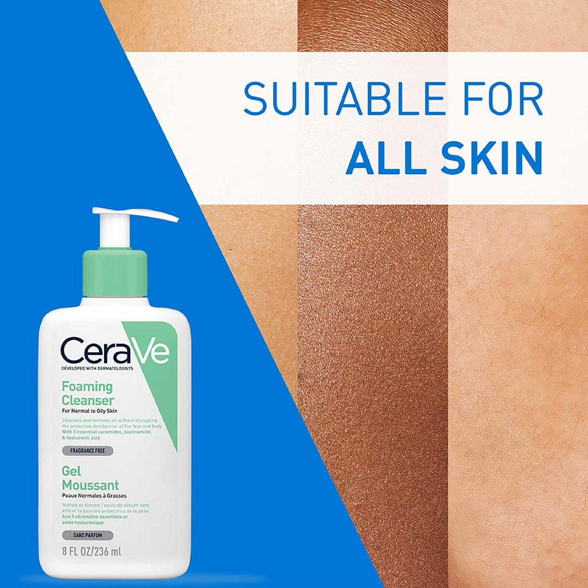 CeraVe Foaming Cleanser for Normal to Oily Skin bottle with skin color swatches