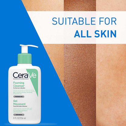 CeraVe Foaming Cleanser for Normal to Oily Skin bottle with skin color swatches