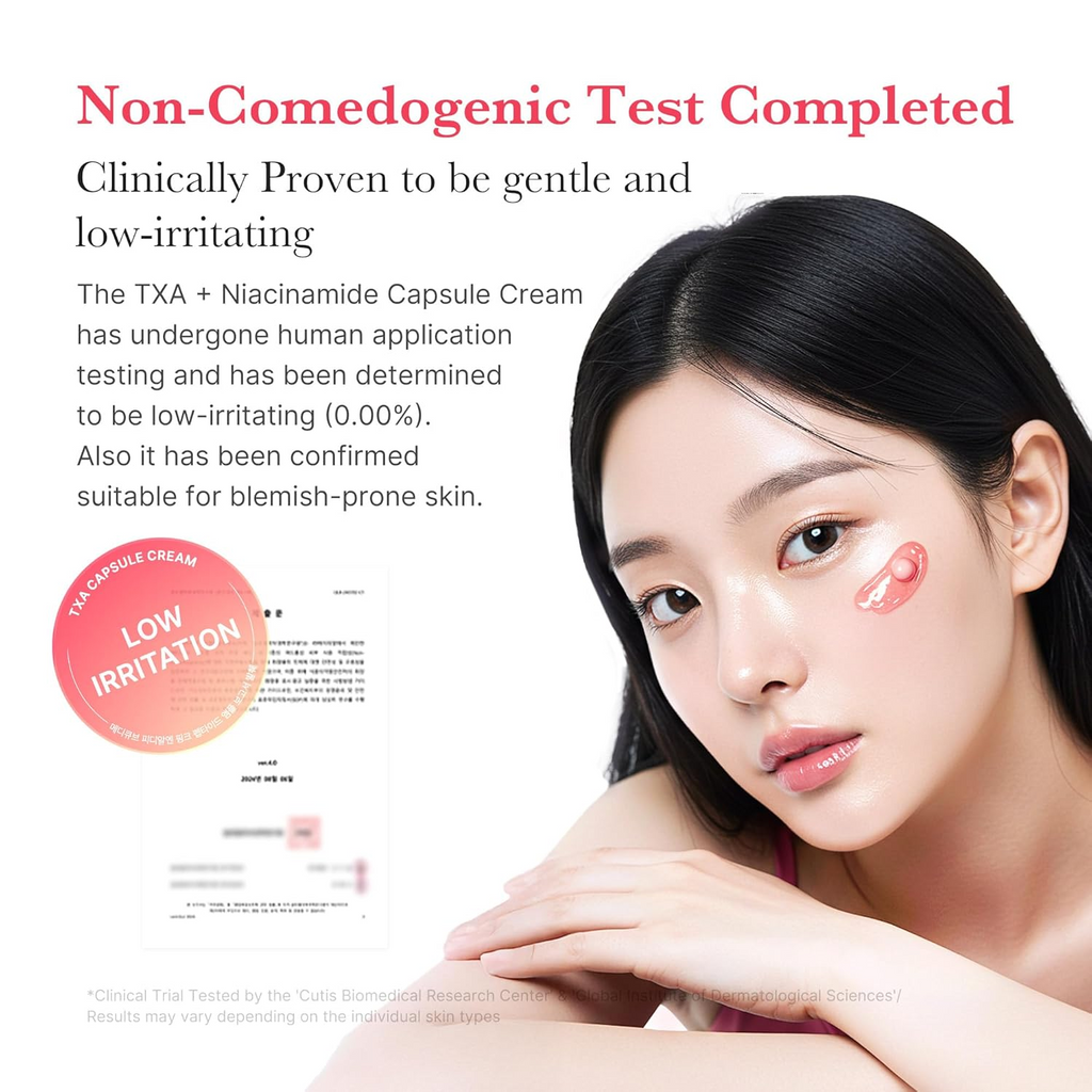 woman with Medicube TXA + Niacinamide 5% Capsule Cream on her cheek