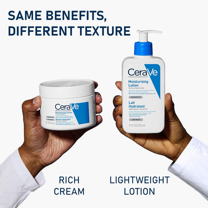 CeraVe Moisturising Cream and lotion held by two hands 