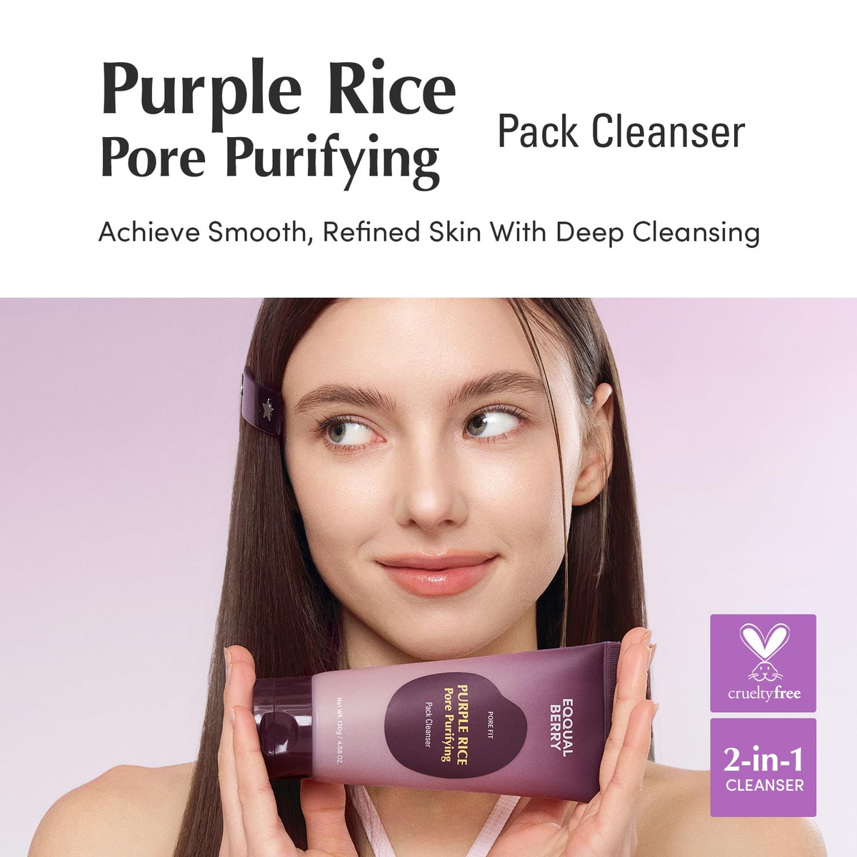 woman holding EQQUALBERRY Purple Rice Pore Purifying Pack Cleanser 130g tube
