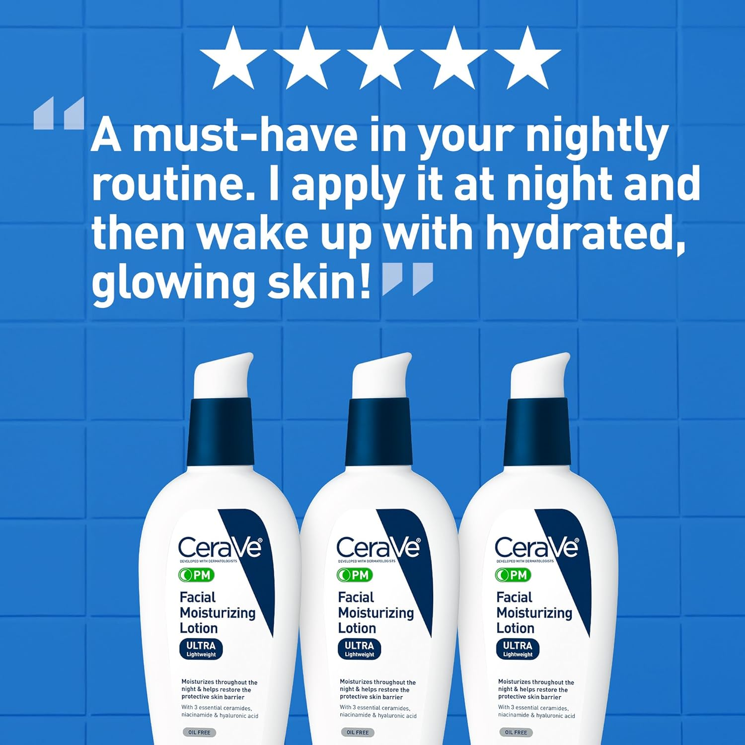 CeraVe PM Facial Moisturizing Lotion bottles with a blue background 