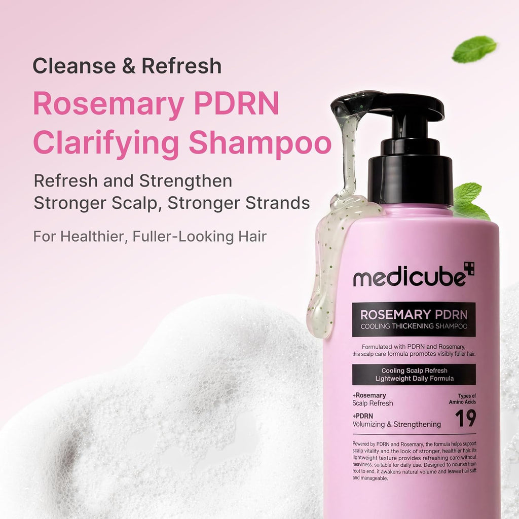 Medicube Rosemary +PDRN Cooling thikening shampoo in which include 19 types of amino acids that strengthen scalp.