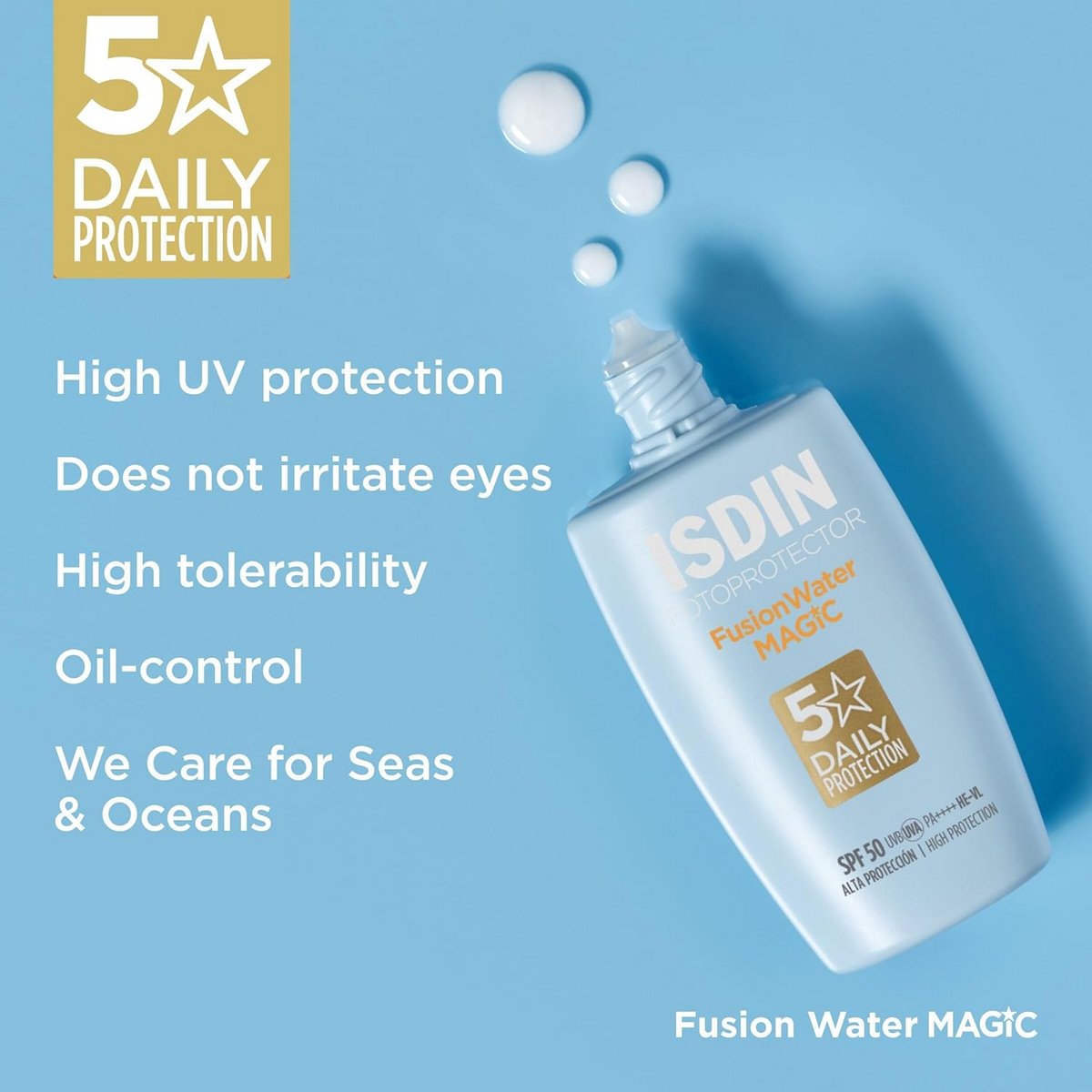 ISDIN Fusion Water Magic SPF50 bottle with product droplets