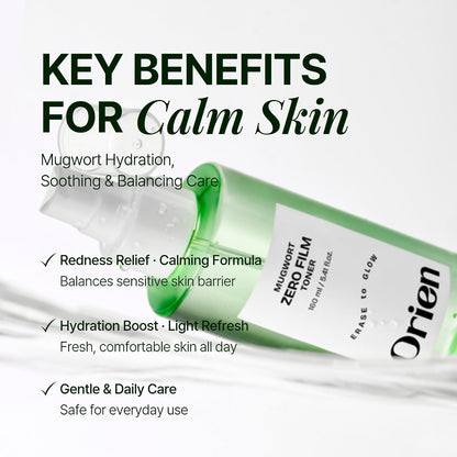 Orien Mugwort Zero Film Toner 160ml lightweight Korean facial toner for refreshing hydration and comfortable skin preparation in UAE.