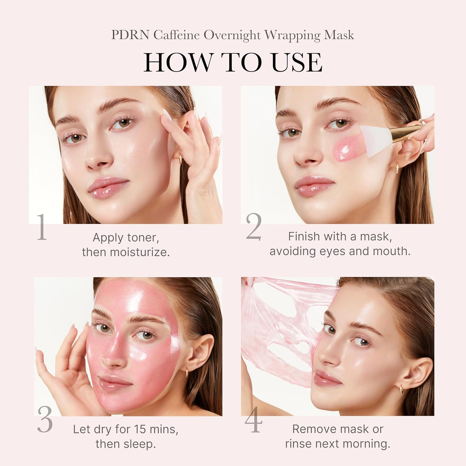 Woman demonstrating PDRN Caffeine Wrapping Mask instructions
