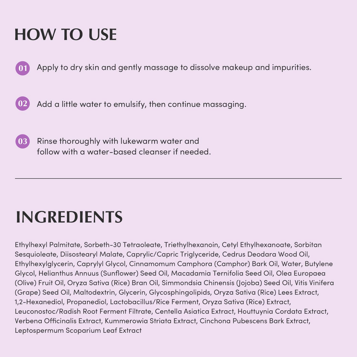 instructions to use EQQUALBERRY Purple Rice Pore Smoothing Cleansing Oil with ingredients list