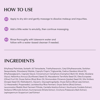instructions to use EQQUALBERRY Purple Rice Pore Smoothing Cleansing Oil with ingredients list