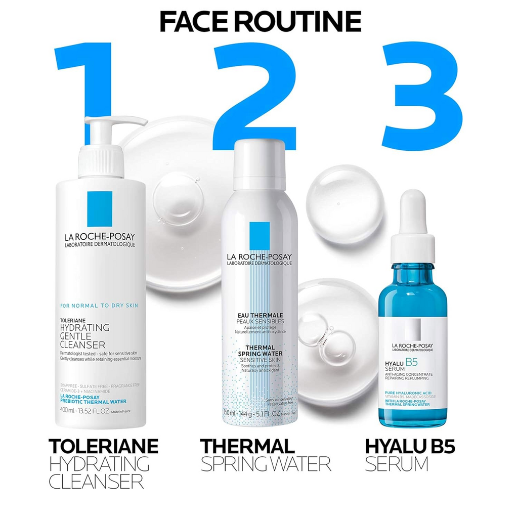 LA ROCHE-POSAY Thermal Spring Water 150 g products placed in sequence for face routine