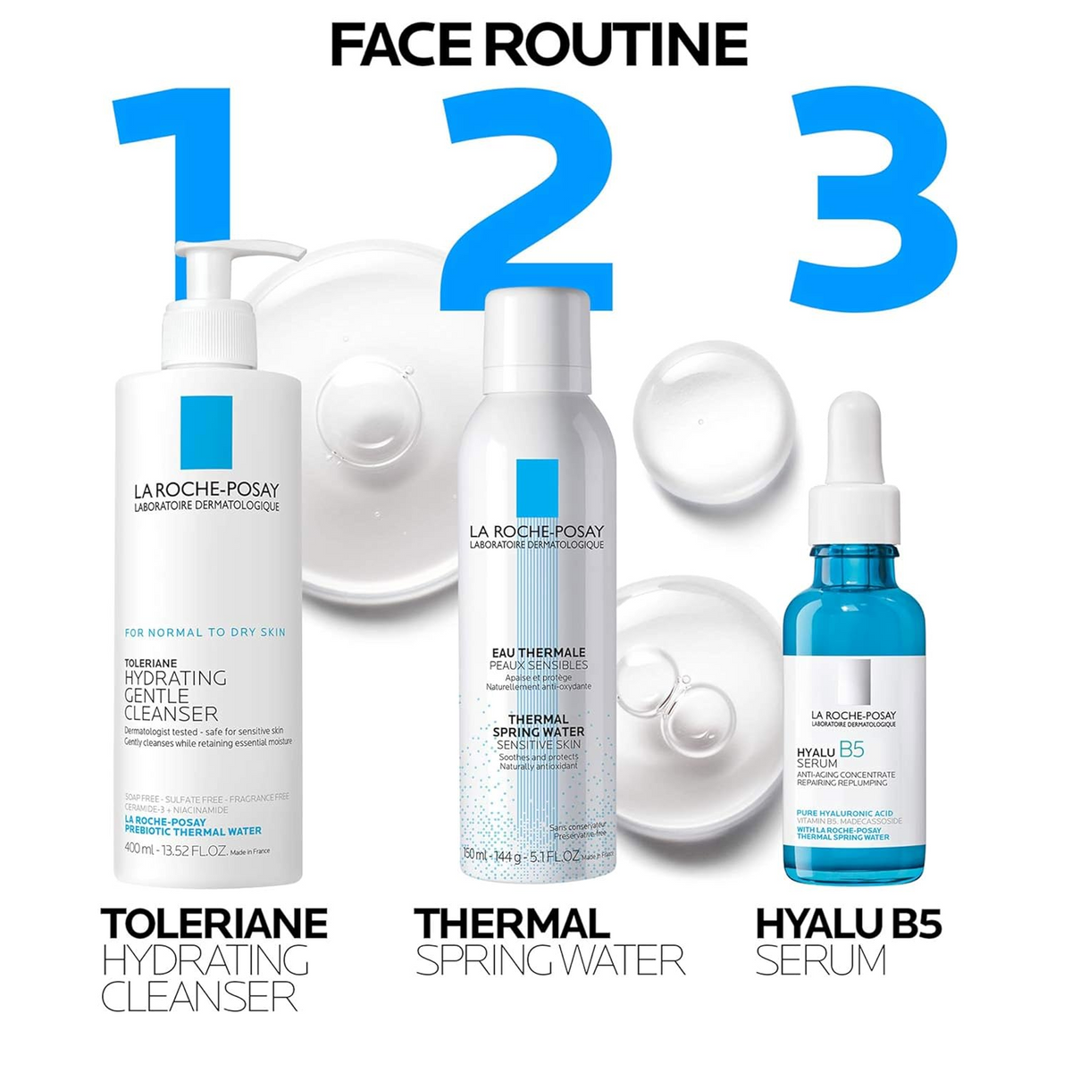 LA ROCHE-POSAY Thermal Spring Water 150 g products placed in sequence for face routine
