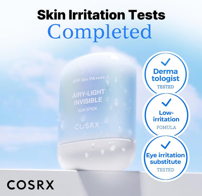 COSRX Airy-Light Invisible Sun Stick SPF50+ PA++++ 19g Korean sunscreen stick with Niacinamide and Zinc PCA for invisible UV protection, oil control, sweat resistance, and no white cast available in UAE.