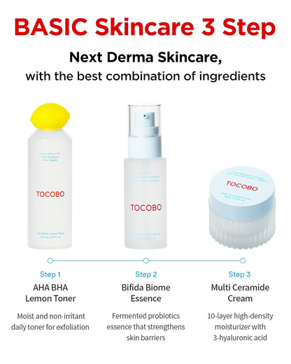 TOCOBO AHA BHA Lemon Facial Toner 150 mL, bifida biome essence and multi ceramide cream products placed in line