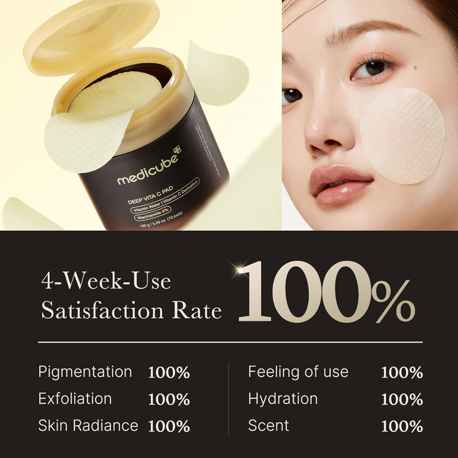 medicube Deep Vita C Facial Pads jar and a woman with a pad on her face