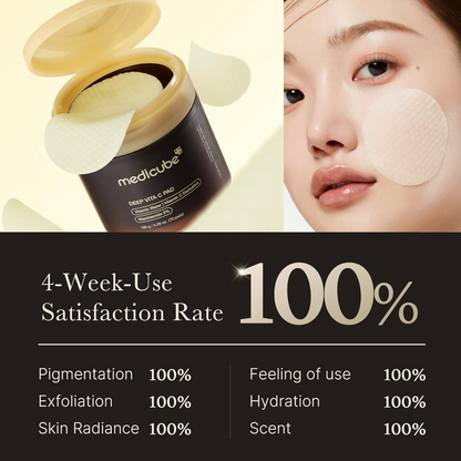 medicube Deep Vita C Facial Pads jar and a woman with a pad on her face