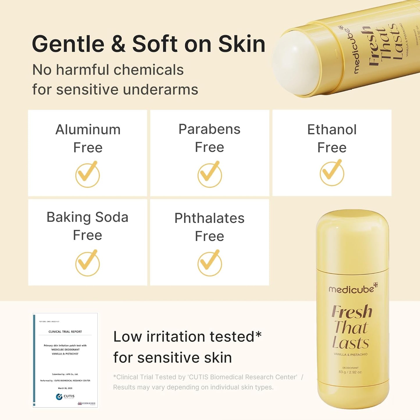 Medicube Fresh That Lasts Vanilla & Pistachio Deodorant Stickk with 'Fresh That Lasts', featuring product benefits and safety information.