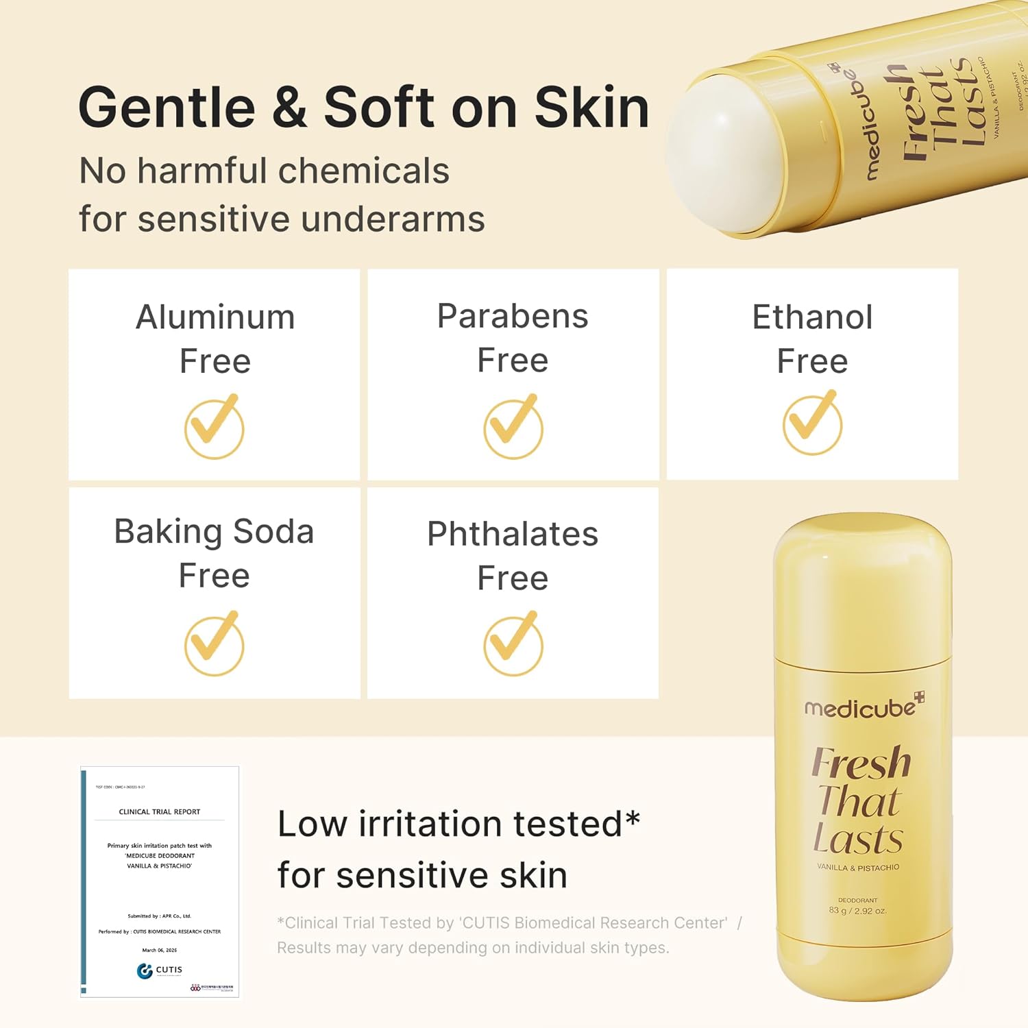 Medicube Fresh That Lasts Vanilla & Pistachio Deodorant Stickk with 'Fresh That Lasts', featuring product benefits and safety information.