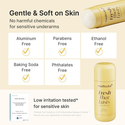 Medicube Fresh That Lasts Vanilla & Pistachio Deodorant Stickk with 'Fresh That Lasts', featuring product benefits and safety information.
